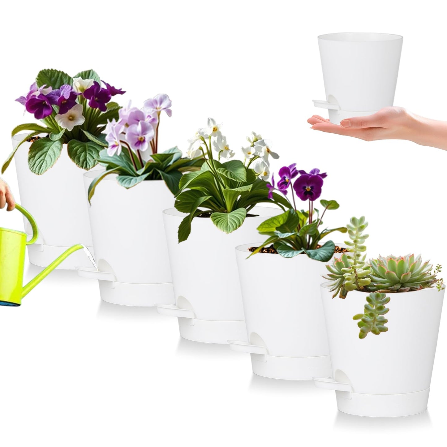 zople 5 Pack 5 inch Self-Watering Pots, African Violets Planter with Drainage Holes and Reservoir, White Plastic Planter for Indoor Outdoor Plants Flowers and Houseplants White, 5 inch 5 pcs