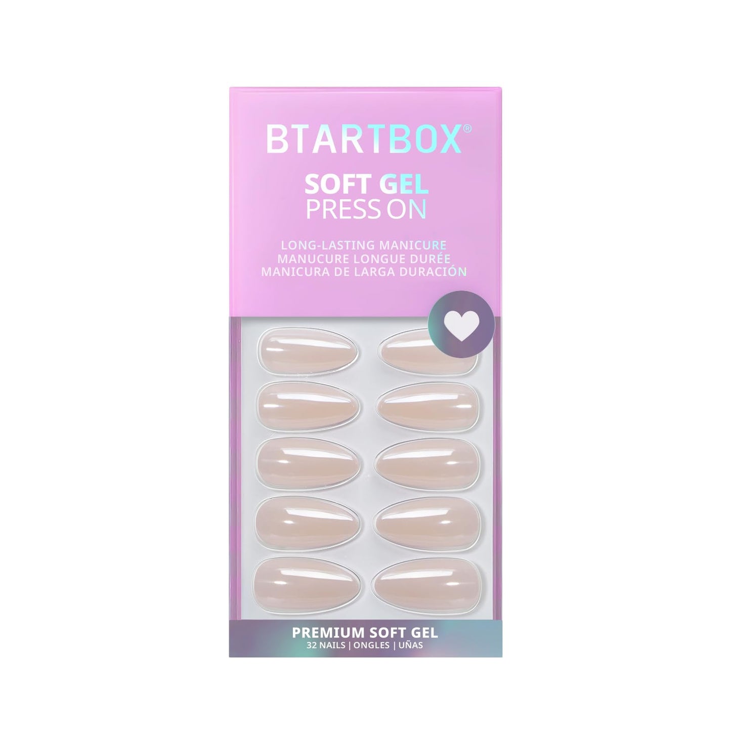 BTArtbox Press On Nails Medium Almond - Press on Nails Chrome Nails, Light Weight & Fit Perfectly Fake Nail with Nail Glue, Nude Glue On Nails in 16 Sizes, Glazed Donut
