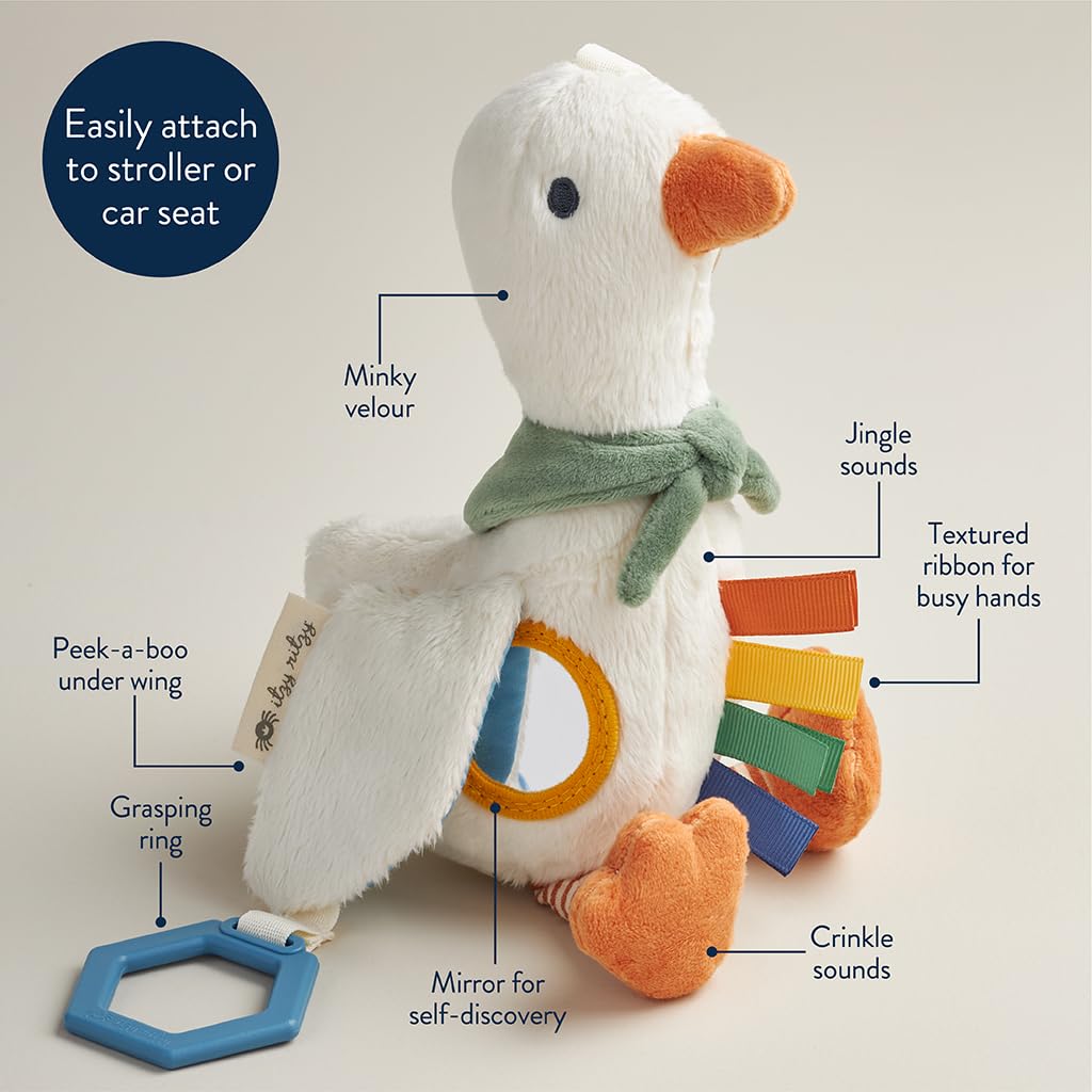Itzy Ritzy Bitzy Traveler Car Seat & Stroller Toy for Babies – Developmental Sensory Toy Features Crinkle & Rattle Sounds & Multiple Textures – Hanging Travel Buddy for On-the-Go Entertainment (Goose)