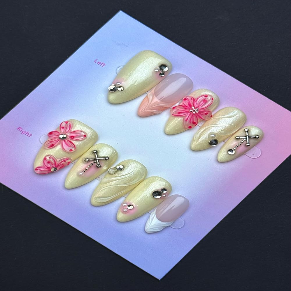 100% Handmade Press on Nails Medium Almond Handmade Nails with Rhinestone Pink Flower Charm Design Beige False Nails White French Tip Nail Press ons Spring Summer Fake Nails for Women Size L 10Pcs