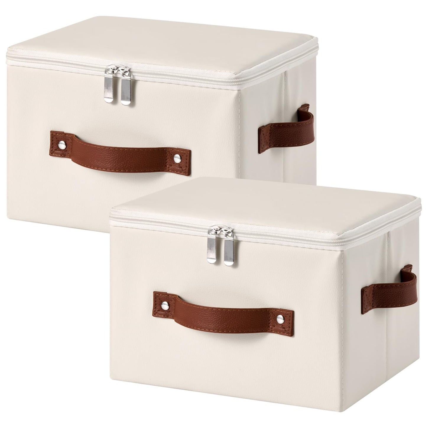 LOLUVIZCO 2PCS Storage Bins Box with Zippered Lid Decorative PU Leather Fabric Basket with Handles PP Plastic Board Foldable Washable Lidded Clothing Shelf Closet Organizer Container (Beige, Small)