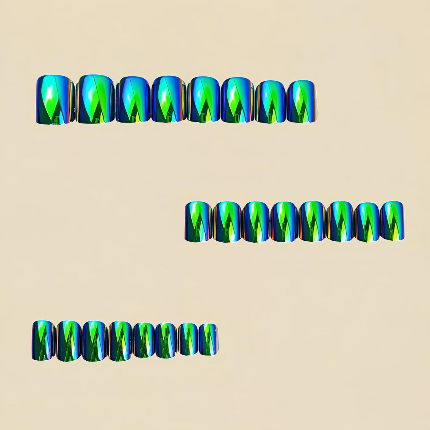 24Pcs Green Electroplating Press On Nails Short Square Fake Nails Acrylic Chrome Glazed Nails Press Ons Full Cover False Nails with Mirror Metal Designs Glossy Glue On Nails Stick On Nails for Women