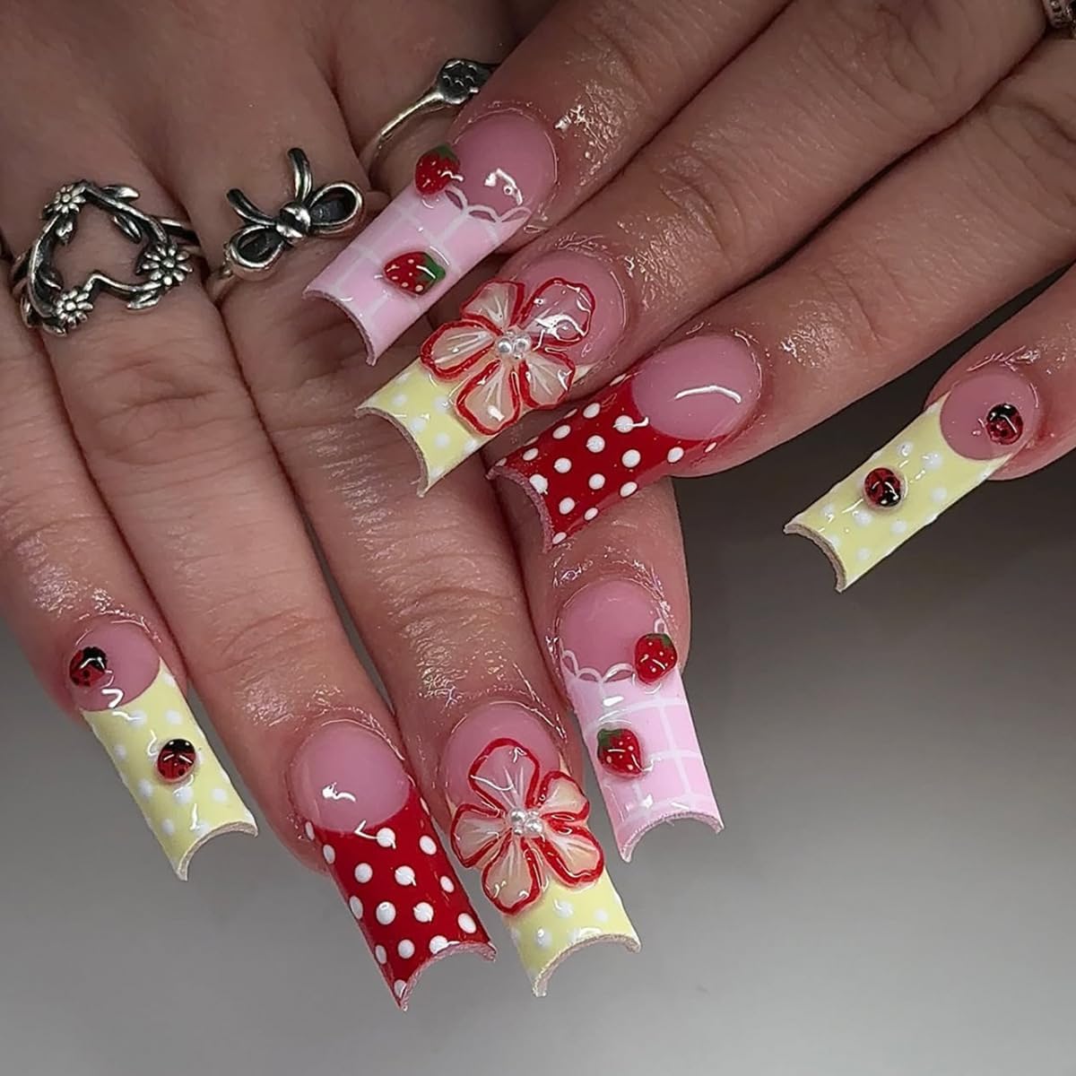 plalely Square Press on Nails Long Pink Stick on Nail Tips with Embossed StrawberryNails Press ons CutePress on False Nails for Women 24pcs