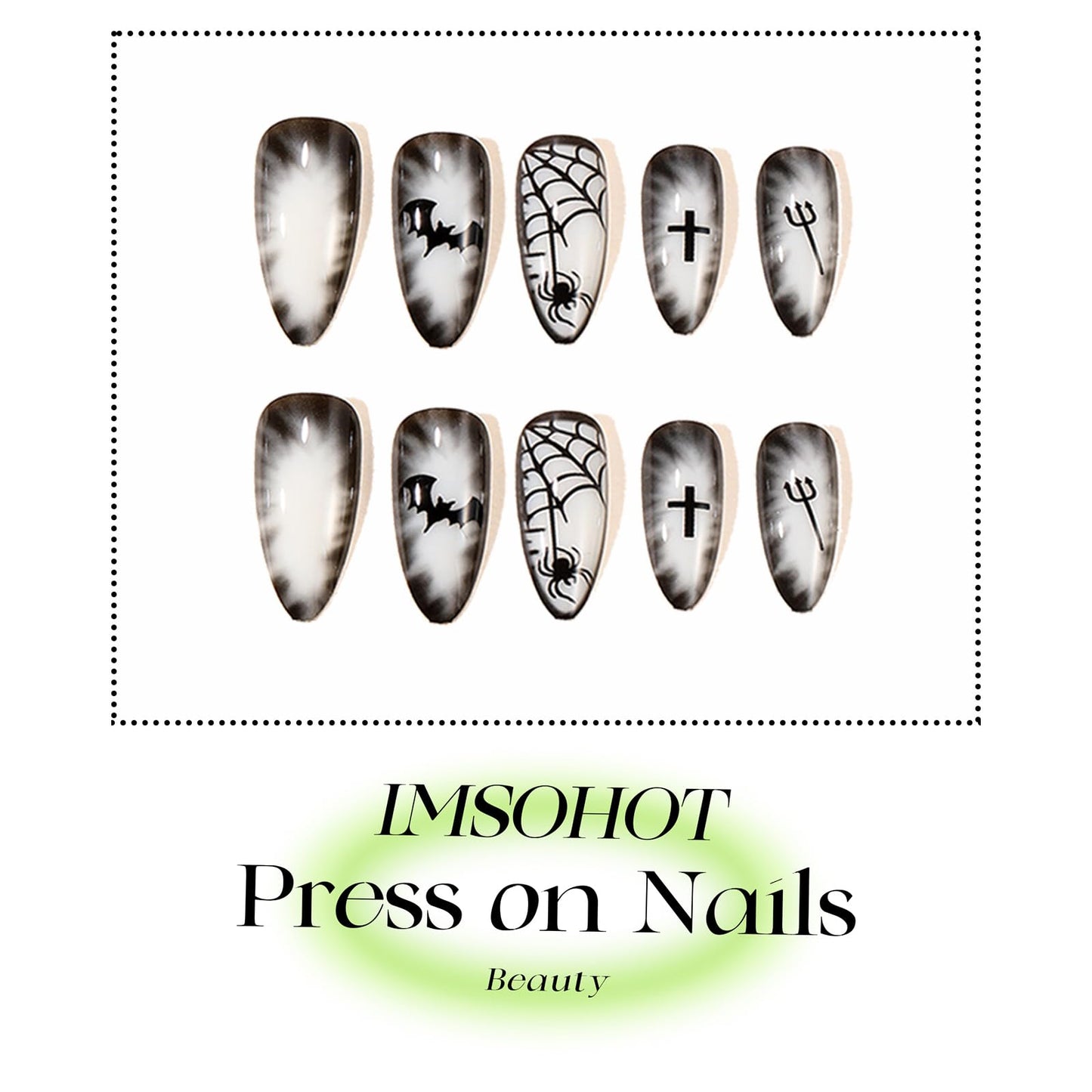 IMSOHOT Halloween Press on Nails Medium Almond Fake Nails Black French Tip False Nails with White Ombre & Ghost Designs Full Cover Acrylic Glue on Nails