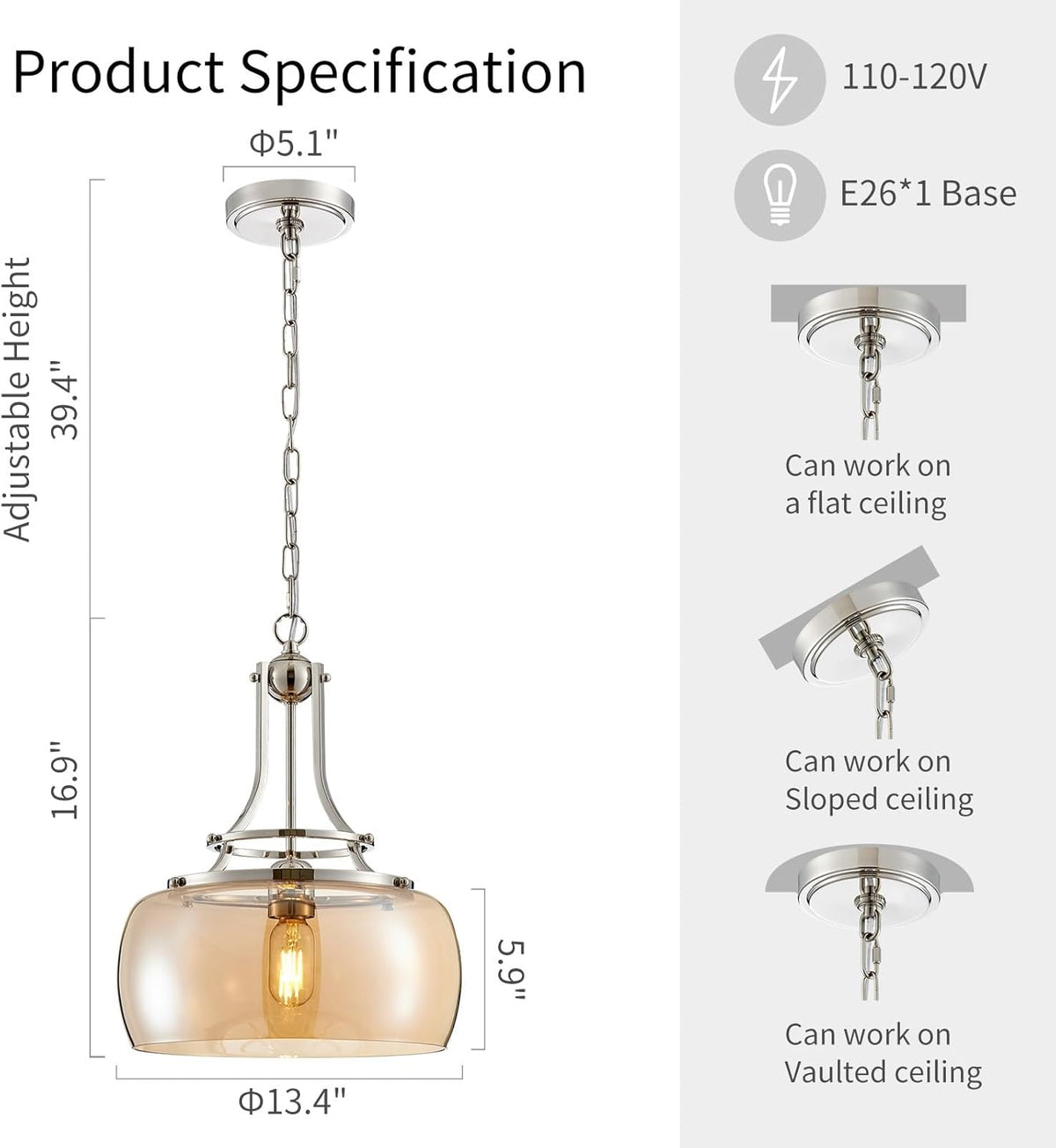 WUZUPS Nickel Chandelier Rustic Farmhouse Industrial Round Ceiling Pendant LED Light Fixture with Amber Glass Shade for Dining Room Kitchen Island Foyer Entryway, H 17" W 13.4", E26 Base
