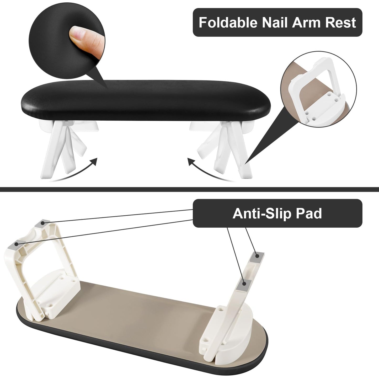 Diesisa Nail Arm Rest, Foldable PU Leather Nail Hand Rest For Nails Tech with Soft Table Mat, Soft Hand Rest for Acrylic Nails/Nail Hand Pillow for Manicure Salon Use-black