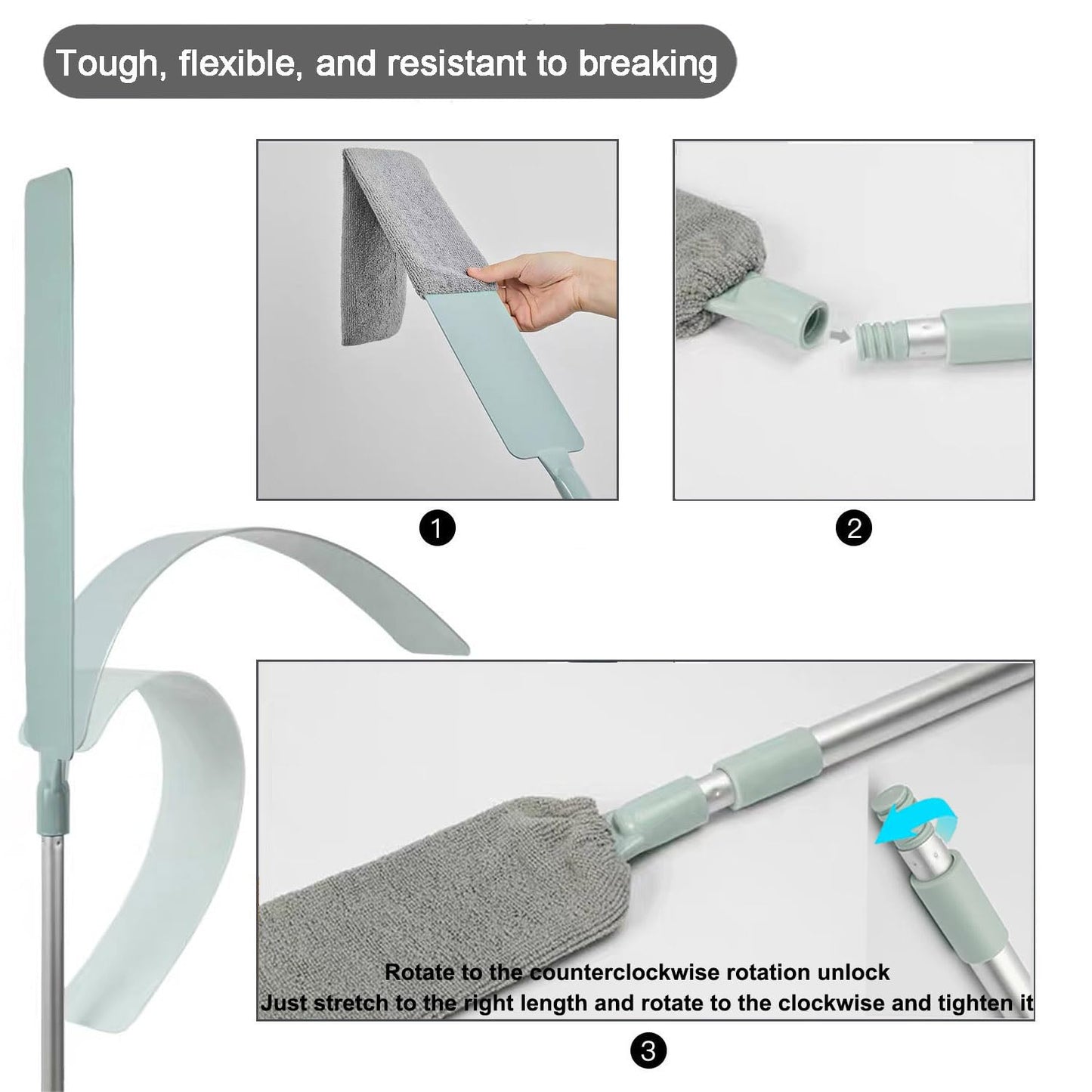 Dust Brush Under Appliance Microfiber Duster with Extension Pole (40 to 55 inches) Bendable, Washable, Extendable Gap Dusters for Sofa Bed Furniture Bottom - Wet or Dry Gray