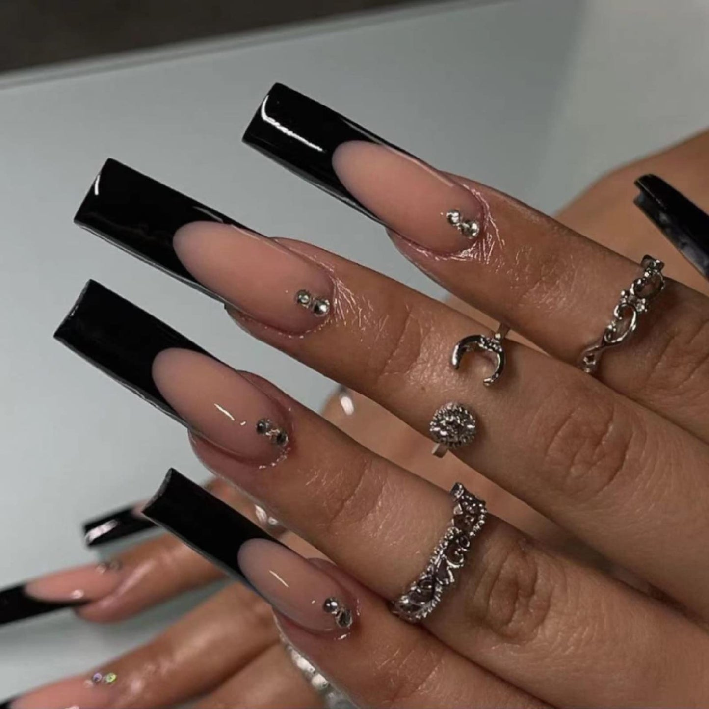 MISUD Press on Nails - Long Coffin Fake Nails with Black French Tip, Acrylic Rhinestone Design 24 pcs