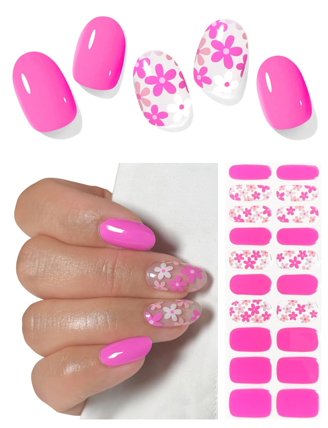 AutyaMee Semi Cured Gel Nail Strips (Hot Pink Flower), 20 Pcs Summer Gel Nail Wraps, Stickers, UV Light Required, Salon Quality, Long Lasting