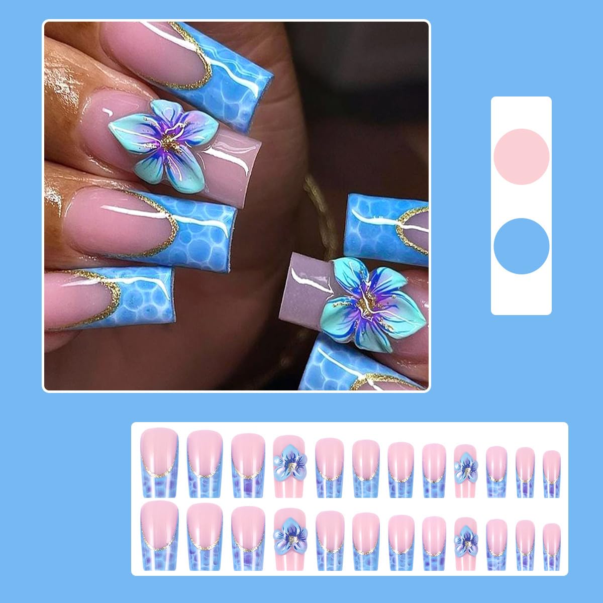 24Pcs Blue French Tip Press on Nails Medium Square Fake Nails Blue Flower Acrylic Nails Gold Glitter Nails Tip Design Summer Glue on Nails Cute False Nails 3D Floral Stick on Nails Decor for Women