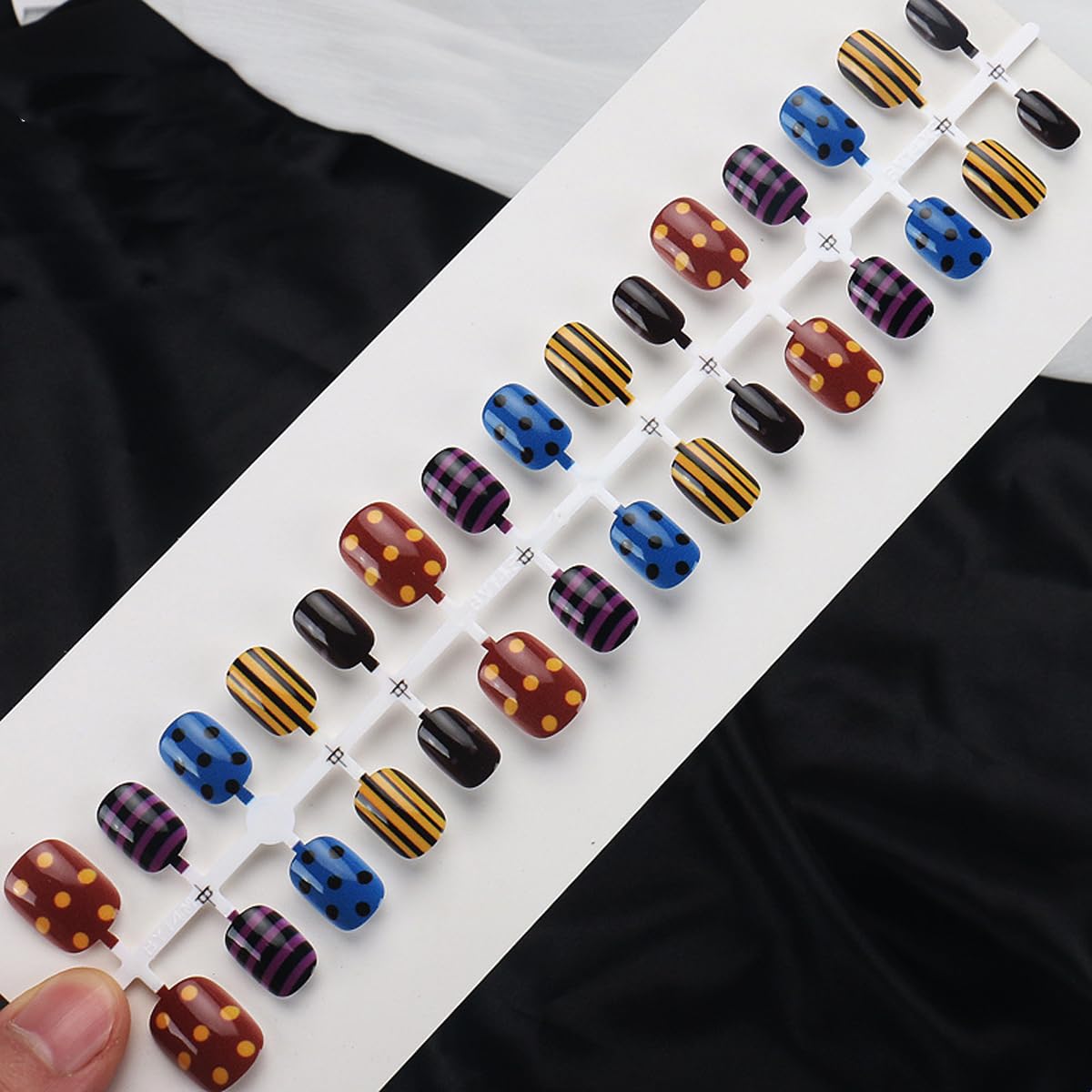 Short Press on Nails Square Fake Nails Funky Nails Press ons with Stripes,Polka Dots Design,Reusable Artificial Nail Full Cover Stick on Nails for Women Manicure 24 Pcs