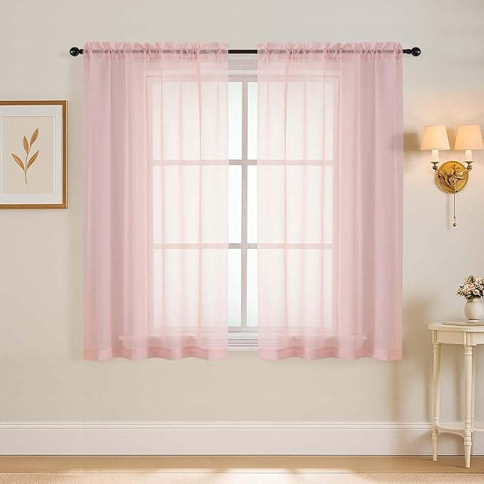 Blush Pink Window Sheer Curtains 45 Inches Length, Voile Short Curtains for Living Room Bedroom, Modern Soft Window Drapes 2 Panels Set, Top Dual Rod Pocket Design, 2x42Wx45L Inches