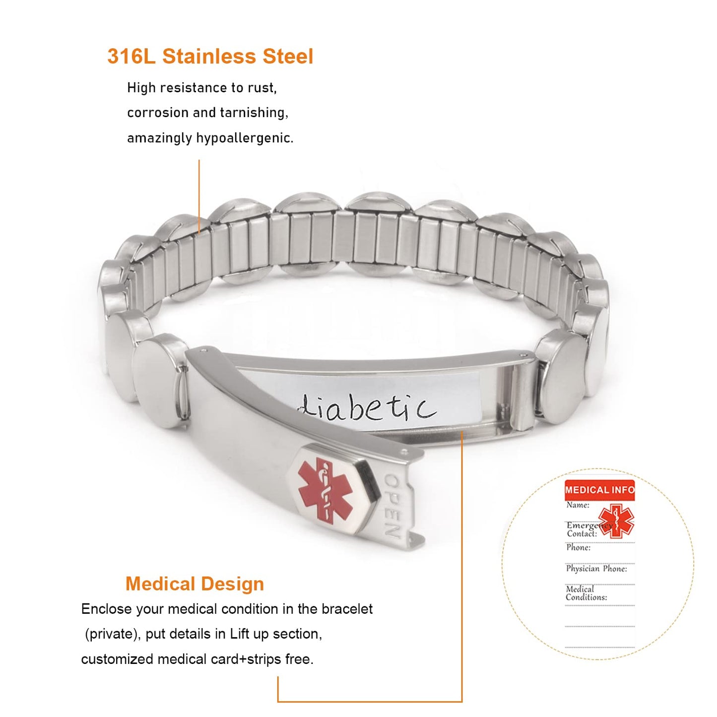 EnerMagiX Medical Alert ID Bracelets for Women, Silver Stainless Steel Personalized Emergency Adjustable Elastic Bracelet 7.48'' for Diabetes Type 1 2, Allergy, Dnr, Personalized Gift