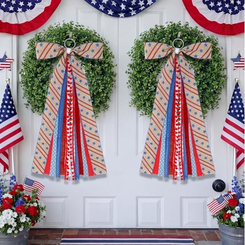 Suncalla 2 Pcs Patriotic Star Ribbon Bow for Wreath Sash for Front Door
