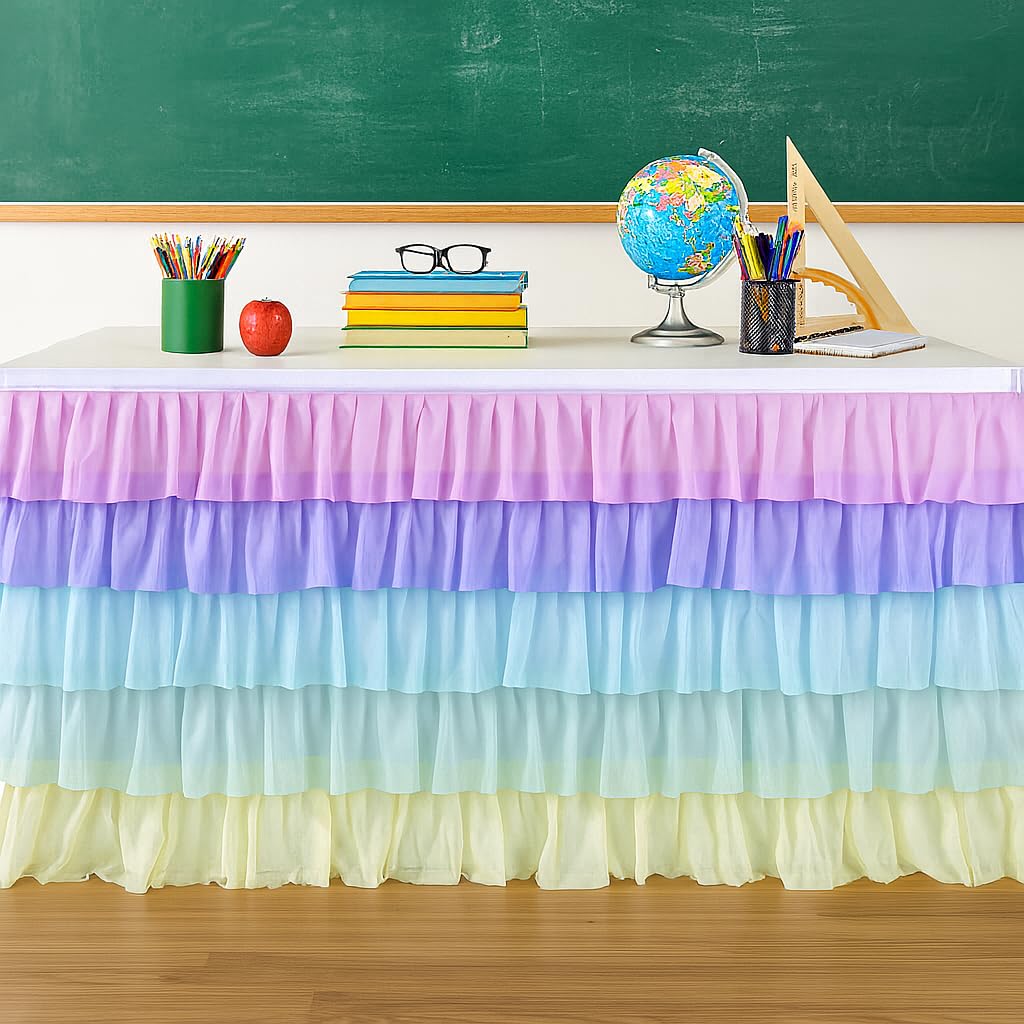 Teacher Desk Skirt 6ft x 30in – Ruffle Table Skirt for Classroom, 100D Chiffon Fabric Back to School Desk Curtain Fabric, Teacher Table Decoration(Pastel Rainbow)