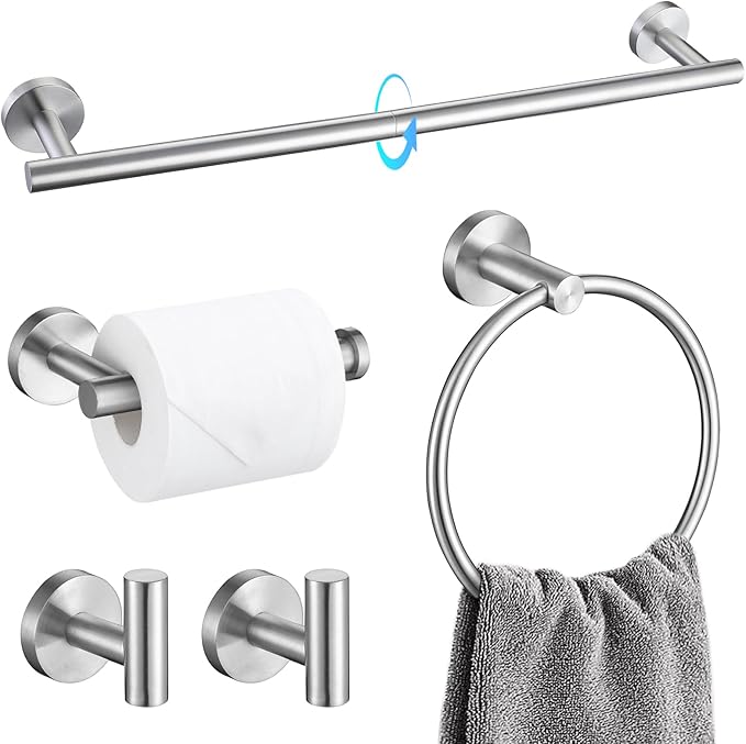 TQKAG Bathroom Towel Bar Holder Sets Brushed Nickel 23.6 Inch Round Stainless Steel Towel Bar Set 5 Piece Bathroom Accessory Set Wall Mounted