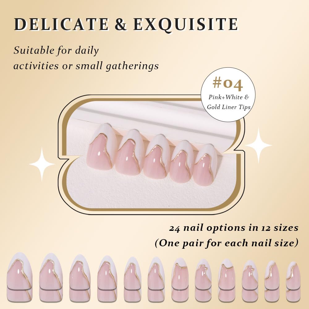 evpct French Tip Press On Nails Short Almond, Nude Pink + Gold Line & Wihte Tips, Glossy Short Almond Fake False Press on Nails, Soft Gel Stick on nail Press ons with Nail Kit Reusable Salon Quality