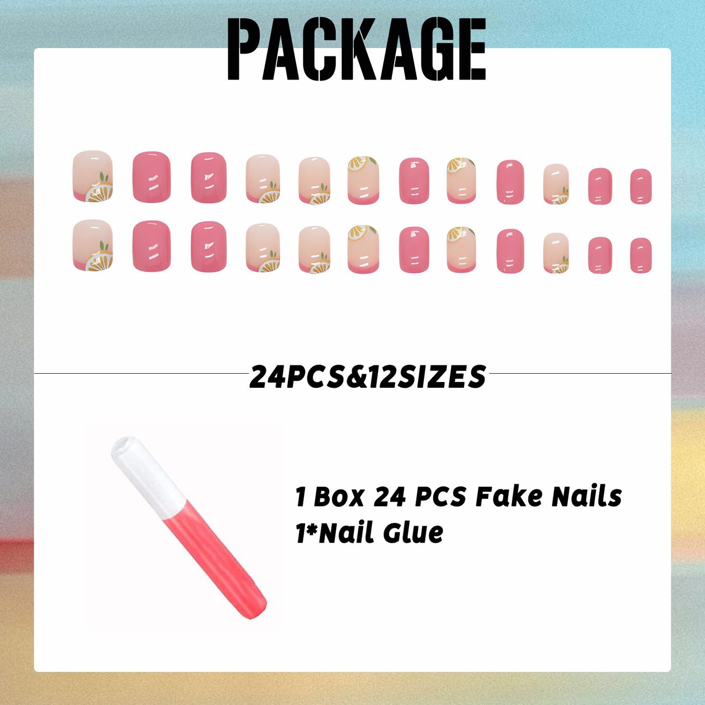 IMSOHOT Short Square Pink French Tip Fake Nails Cute lemon Designs Glossy Glue on 24 Units Summer Fruit Squoval Artificial Nails