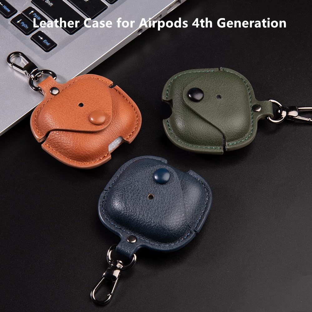 YQGFashbf for Airpods 4 Case Leather with Keychain, Stylish Retro Leather Wireless Charging Protective Headphone Case Cover for Apple Airpods 4th Generation 2024 Front LED Visible (Blue)