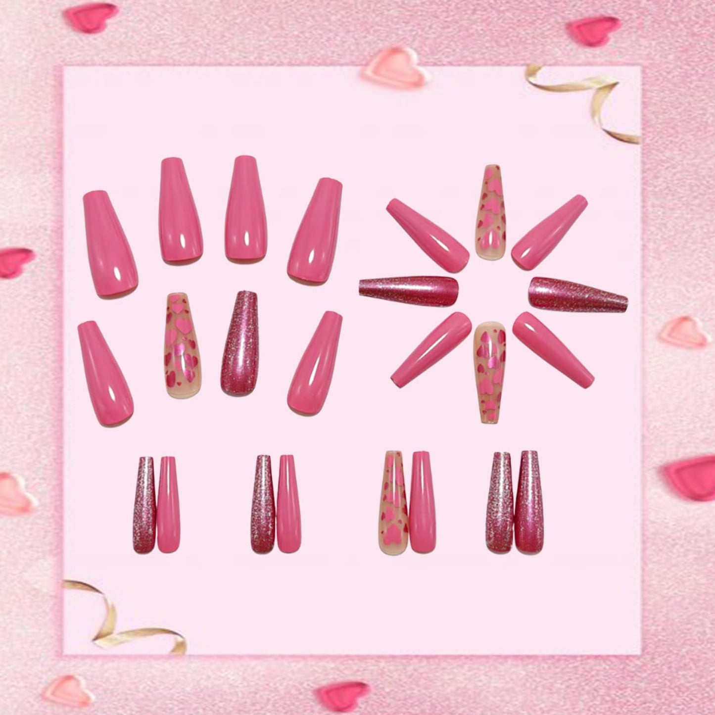CJDLTS Valentines Press on Nails Medium Artificial Ballet Acrylic False Nails Love Glossy Stick on Nail Full Cover Glitter Artificial Fingernails Nude Pink Reusable Coffin for Women Festival Manicure