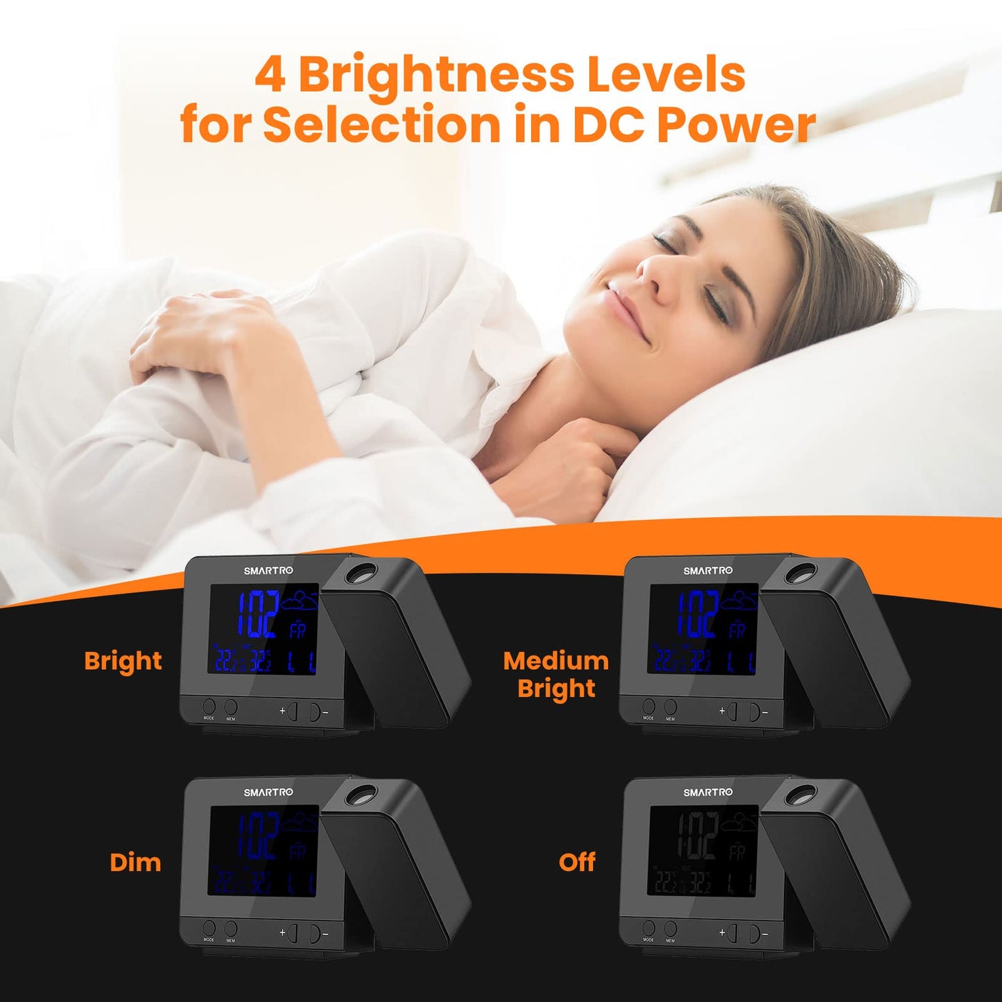 SMARTRO SC31B Digital Projection Alarm Clock with Weather Station, Indoor Outdoor Thermometer for Bedrooms, USB Charger, AC Battery Operated