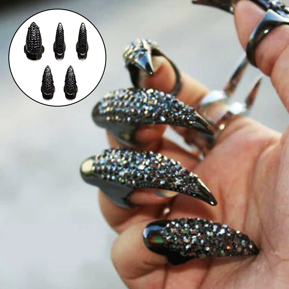 10PCS Halloween Costume Claws,Fake Nails Ring Set, Gothic Punk Crystal Full Finger Rings Paved Paw Bend Fingertip Fingernail Claw Girls Women Men Ring False Easy Long Nails Black(3 Sizes)