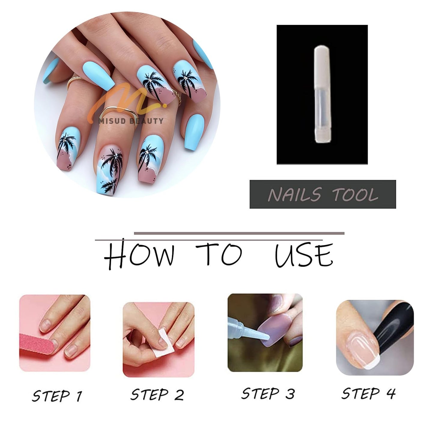 MISUD Press on Nails - Long Coffin Fake Nails with Summer Blue, Acrylic Beach Coconut Tree Design 24 pcs