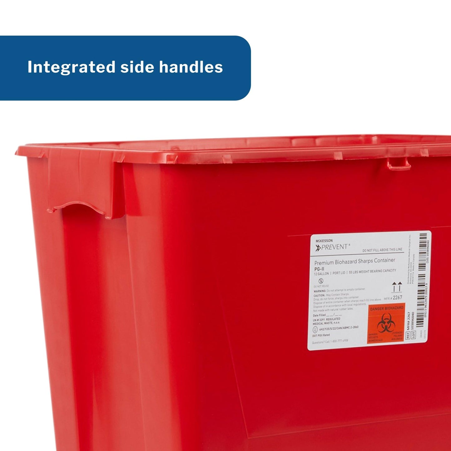 McKesson Prevent Biohazard Sharps Container, Premium - PG-II, Plastic, Vertical Entry, Rotating Lid - Red, 12 gal, 13 in x 17 3/10 in x 20 4/5 in, 1 Count