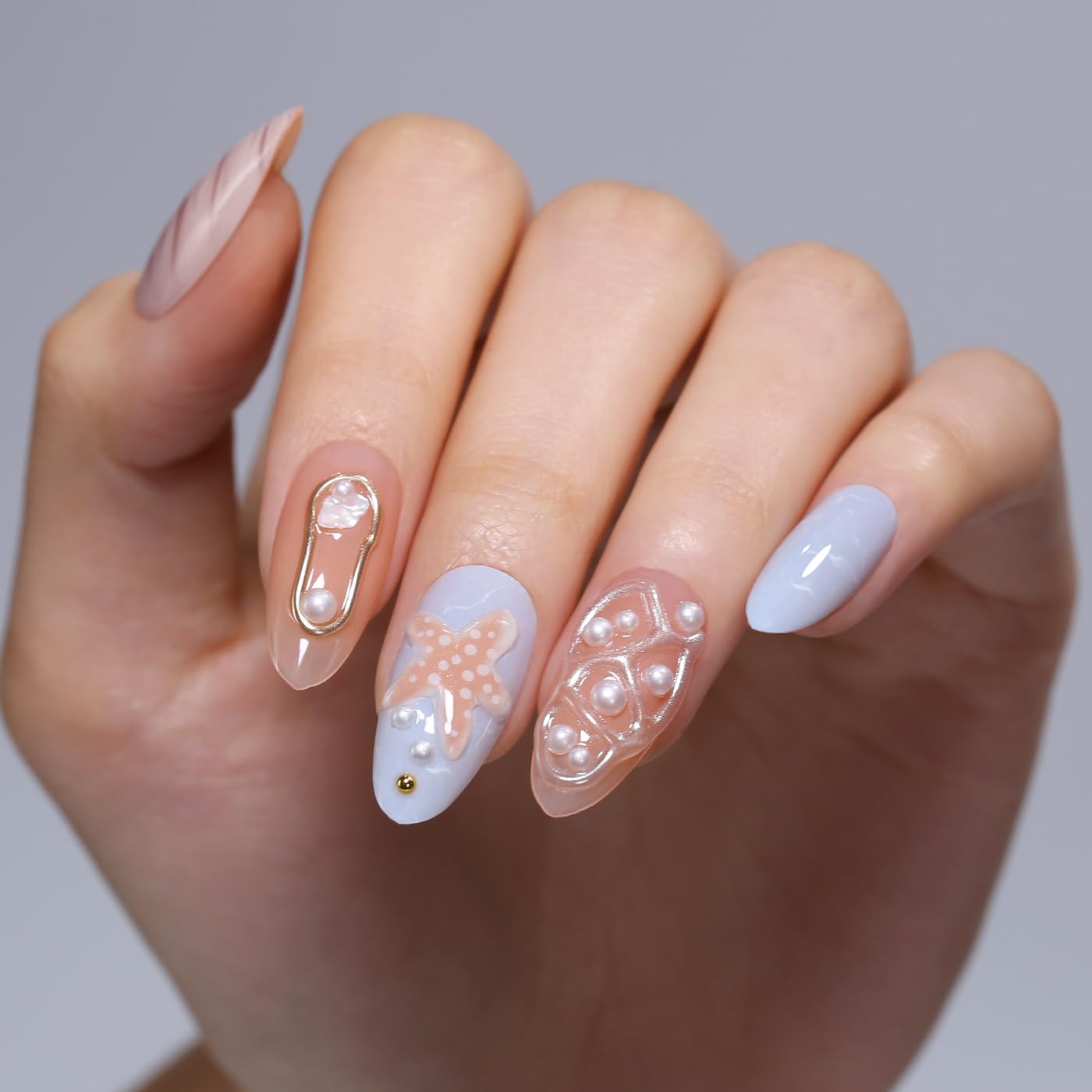 Goolich Medium Almond Ocean Theme Press On Nails,3D Bead Mermaid Nails Press ons Set with Adhesive Tabs, 24 Pcs 12 Size Reusable Full Cover Glue on Nails for Women