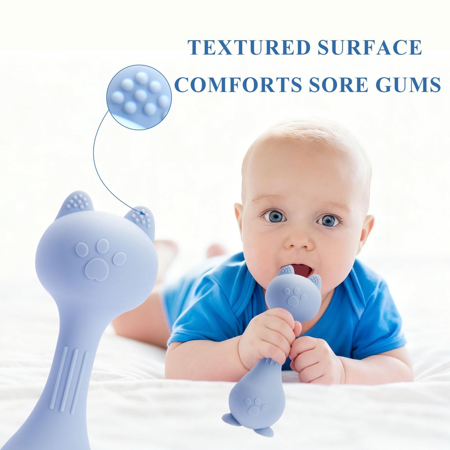 Baby Rattle Teething Toys Cat Silicone Teether Rattles for Baby 0-12 Months Food Grade Silicone (Blue)