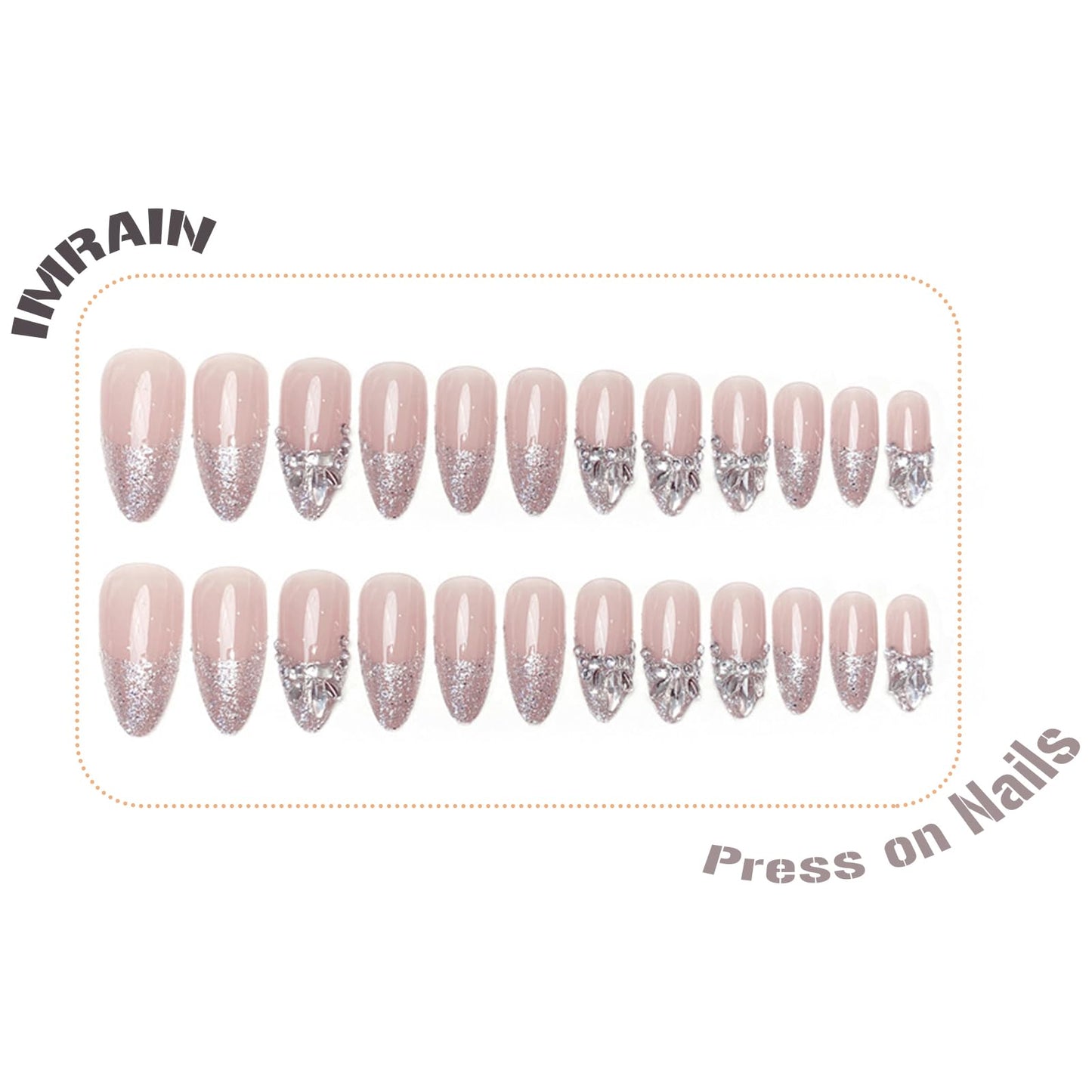 IMRAIN Medium Almond Silver Glitter French Tips False Nails with Rhinestone Designs - Glossy Full Cover Glue on Artificial Stiletto Nude Nails for Women Girls - 24 Pcs
