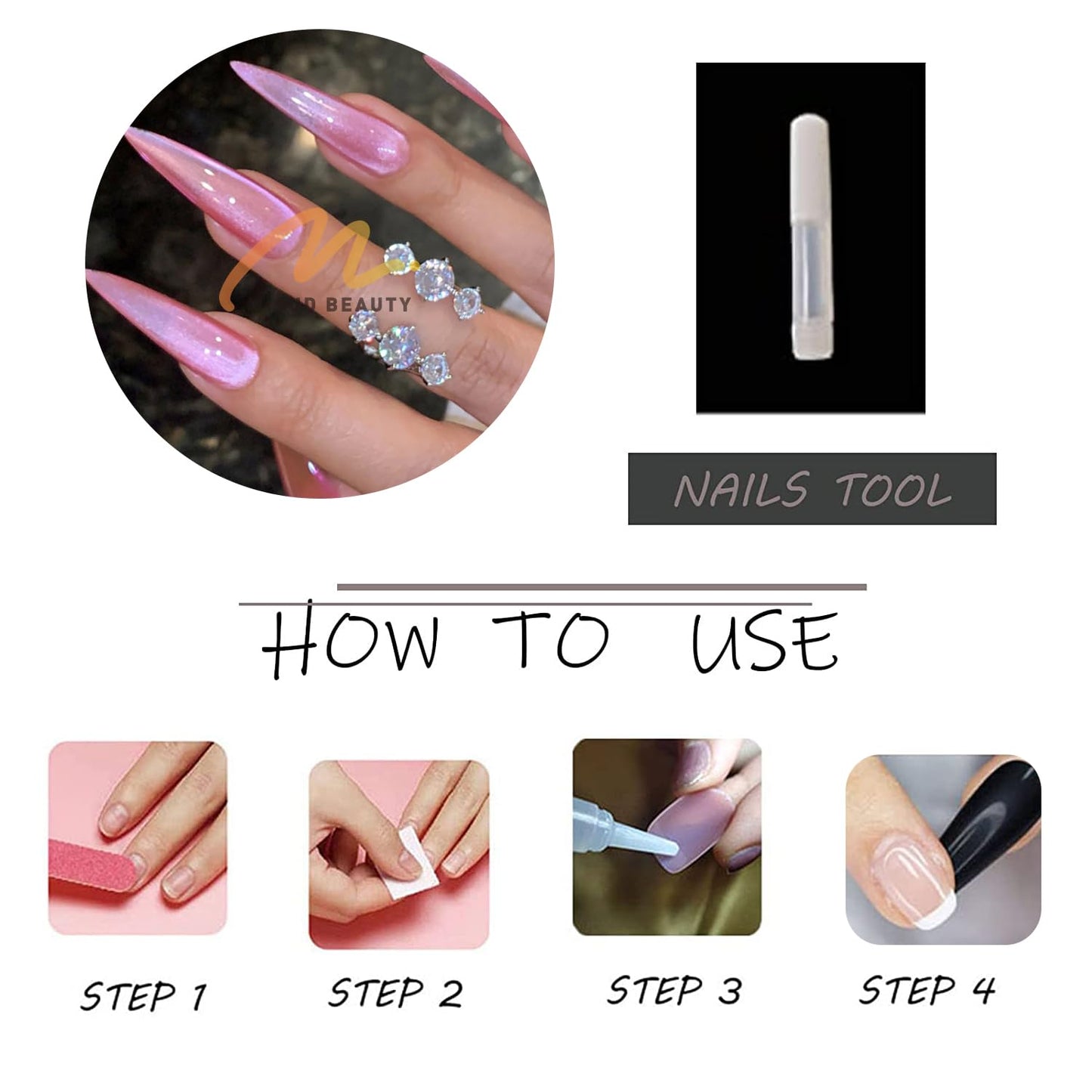 MISUD Press on Nails - Long Stiletto Fake Nails with Bling Glitter, Acrylic Summer Pink Cat Eye Design 24 pcs