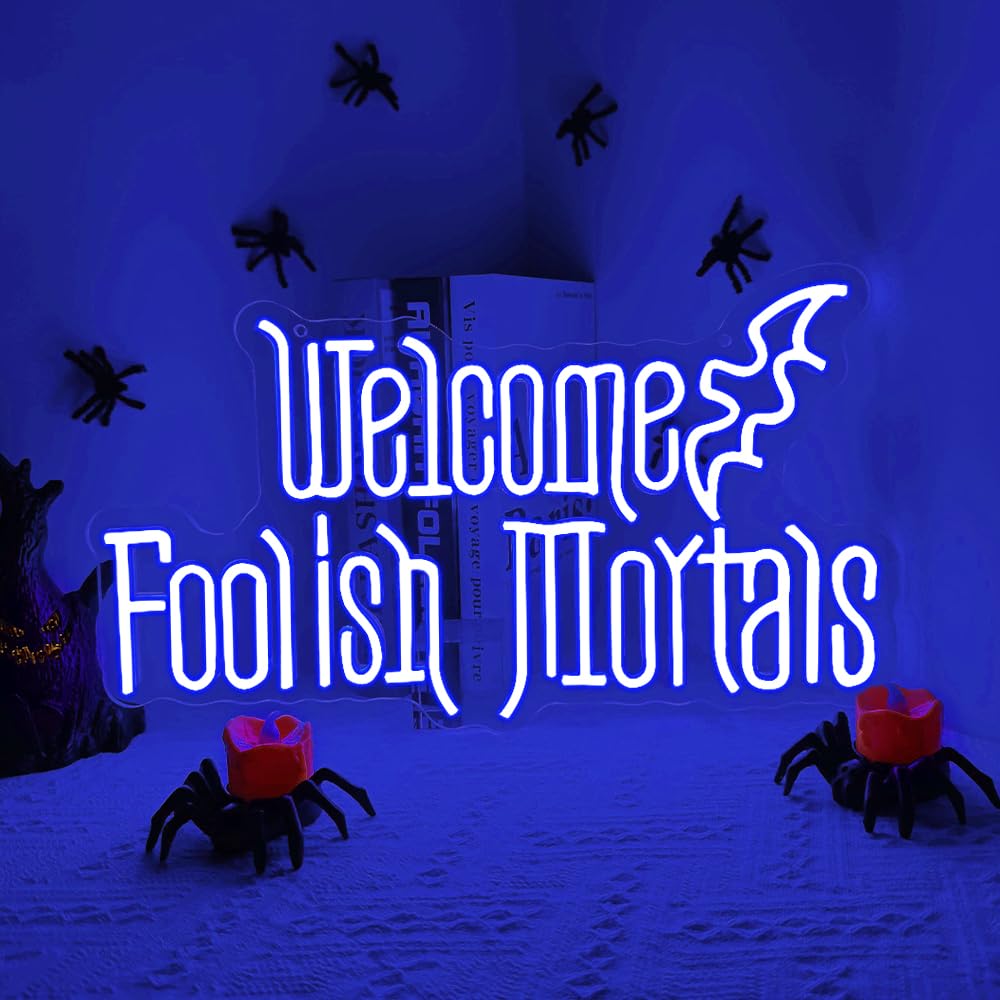 RuCvixkt Welcome Foolish Mortals Neon Sign, Halloween LED Neon Signs for Wall Decor, Spooky Gothic Haunted Mansion Decor, Coffin Led Neon Light Gift for Boy, Party, Man Cave, Haunted House(Blue)