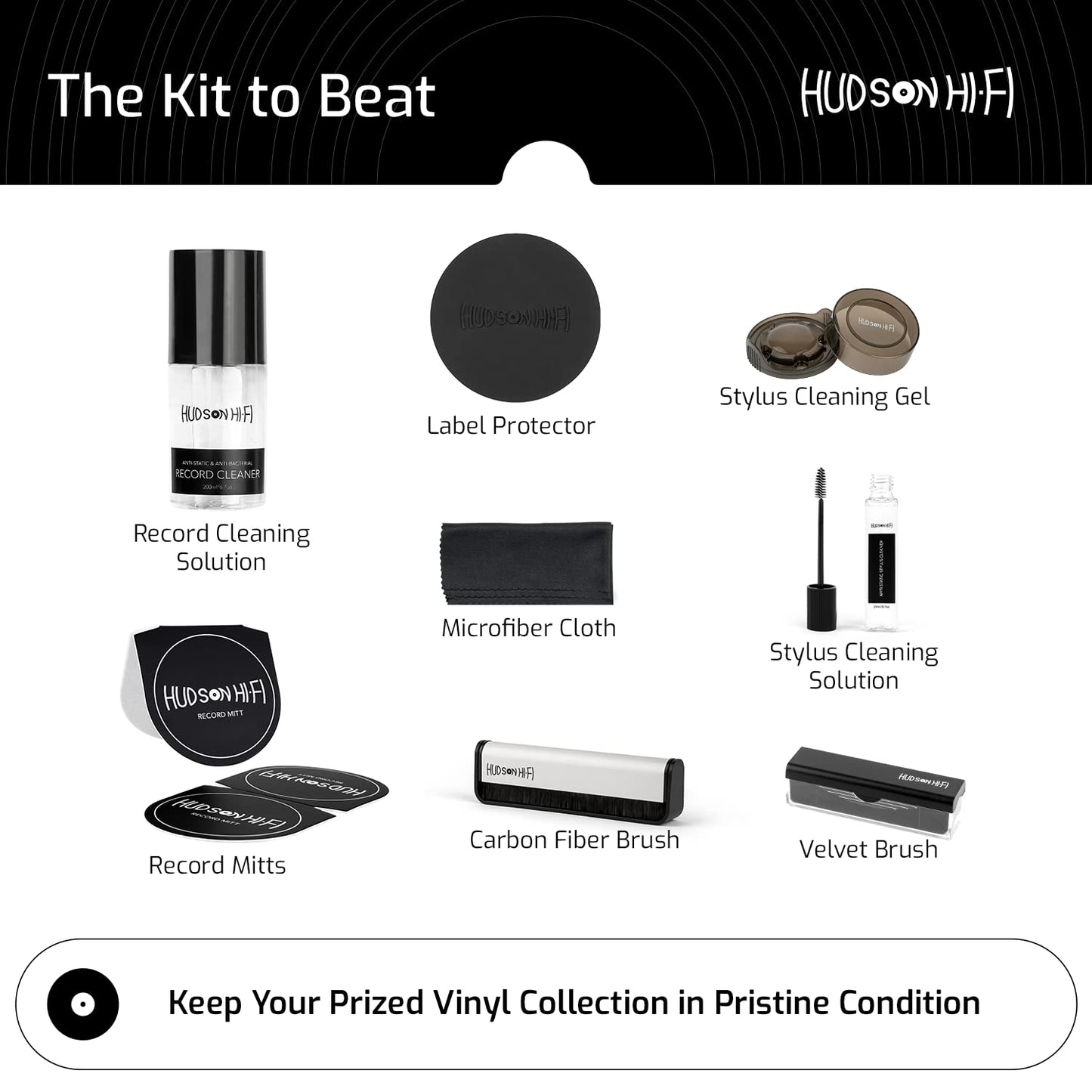 9-in-1 Vinyl Record Cleaning Kit – Anti-Static Cleaner, Carbon Fiber & Velvet Brushes, Stylus Gel, Microfiber Cloth, Mitts & Label Protector for LP Care