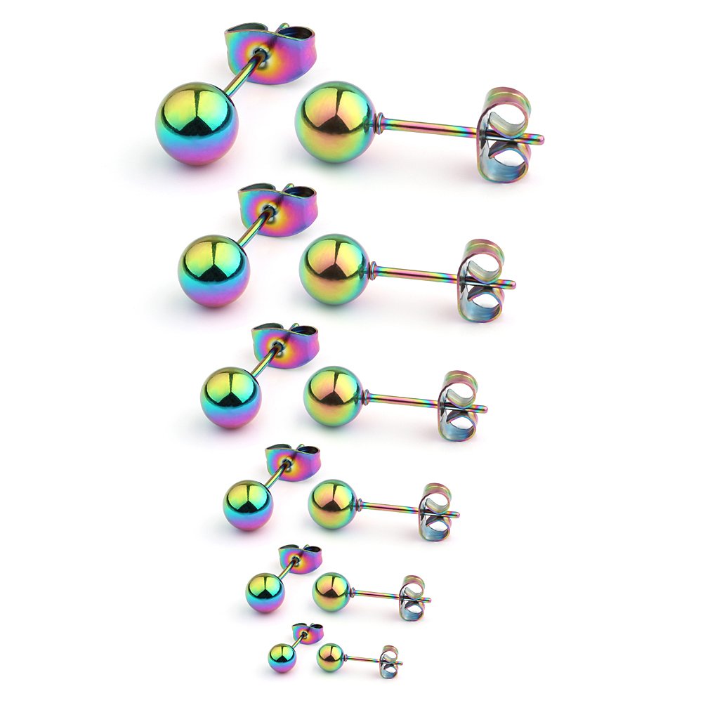 Ruifan 20G Stainless Steel Ball Stud Earrings for Men Women Round 3-8mm 6Pairs - Rainbow