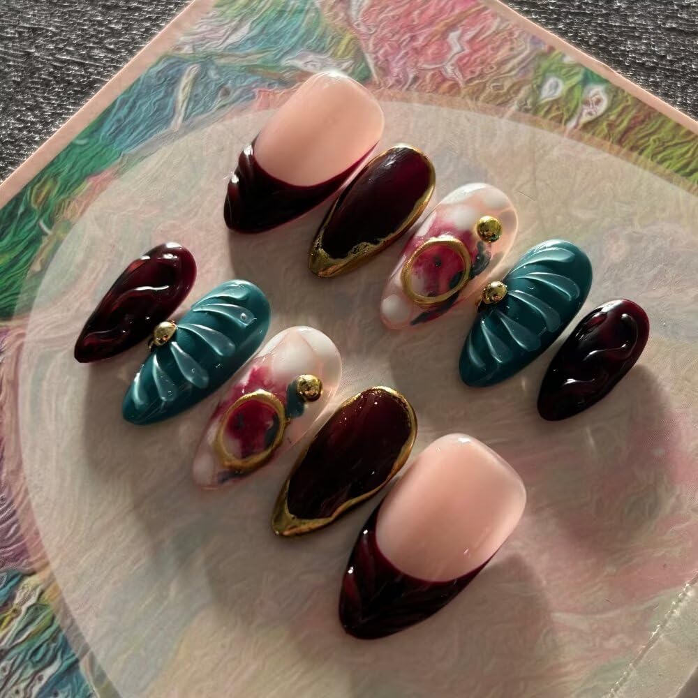 MAGLFELL Fall Press On Nails - Handmade GEL Medium Length Almond Fake Nails, Brown Rendering Painting Design, Reusable Artificial Almond False Nails for Women 10 Pcs Acrylic Nails Kit (Size M)