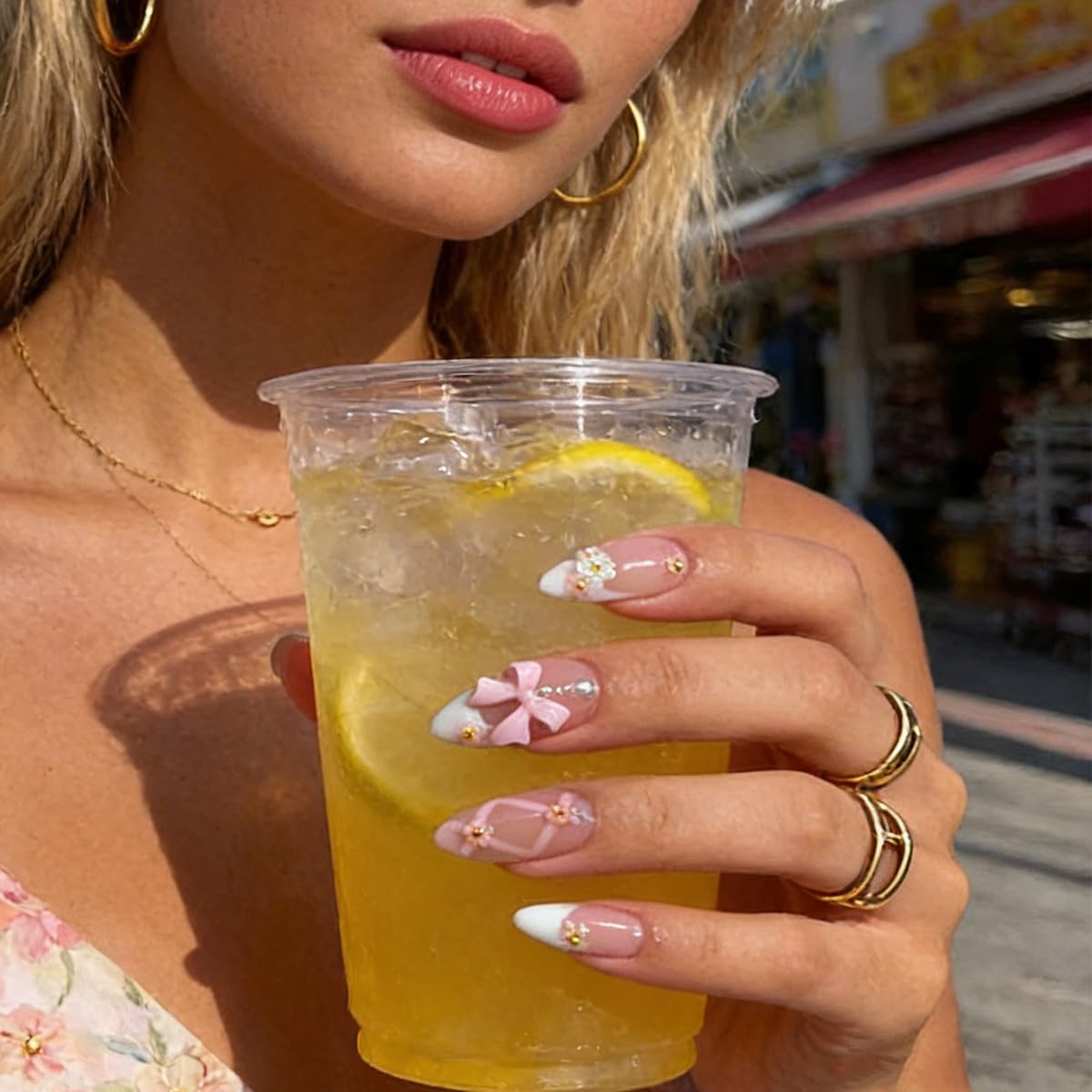 FJSMTOPl Bow Press on Nails - Flower Fake Nails Press ons - Almond Pink False Nails with Designs 3D - Acrylic French Tip Cute Glue on Nails - for Spring Women Stick on Nails 24Pcs