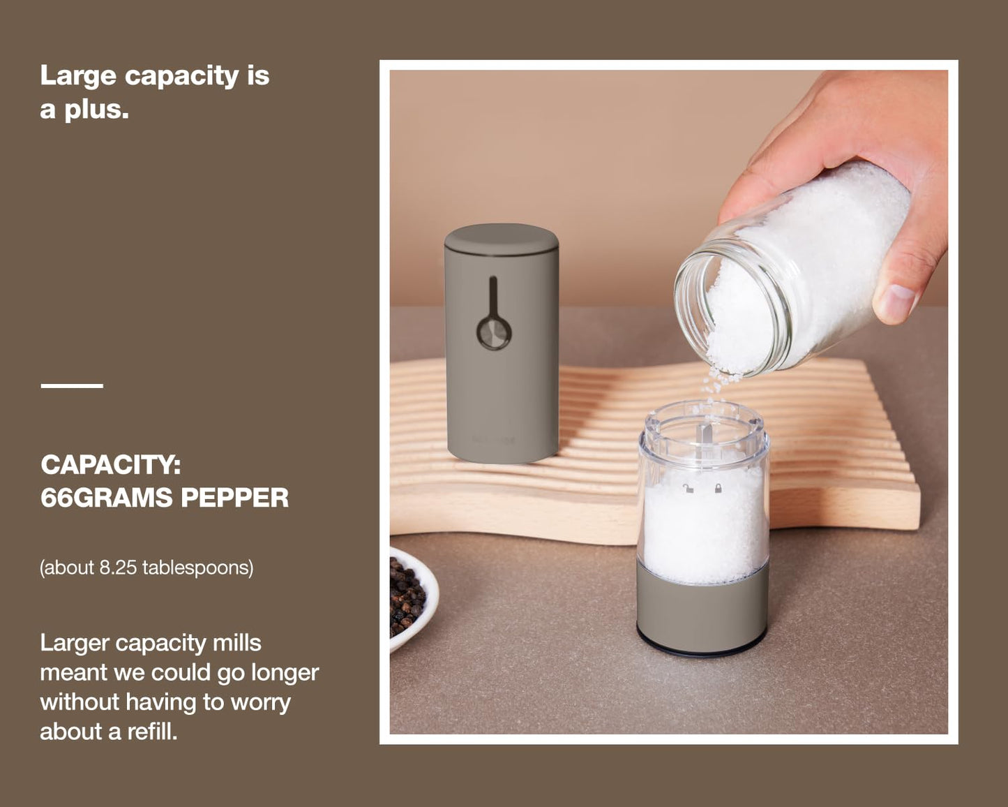 Stainless Steel Rechargeable Electric Salt and Pepper Grinder Set – USB Charging, One-Hand Electric Mill, Adjustable Coarseness, LED Light & Dust Cover –2pack(Greige & Buttercream)