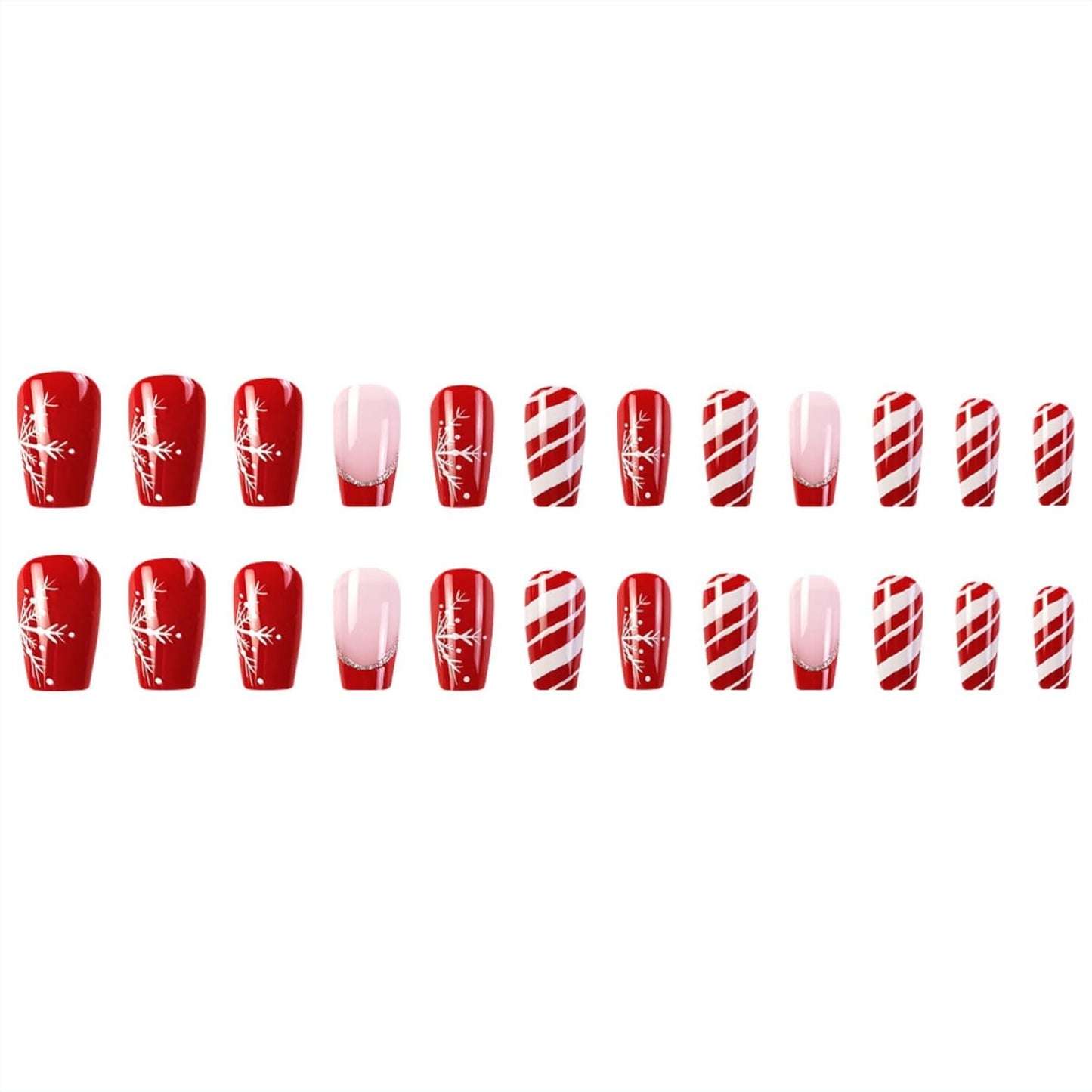 Winter Holiday Press on Nails Medium Christmas Fake Nails with Stripe Snowflake Design Red Christmas False Nails Xmas Acrylic Nails Glossy Full Cover Stick on Nails for Women Girls 24Pcs