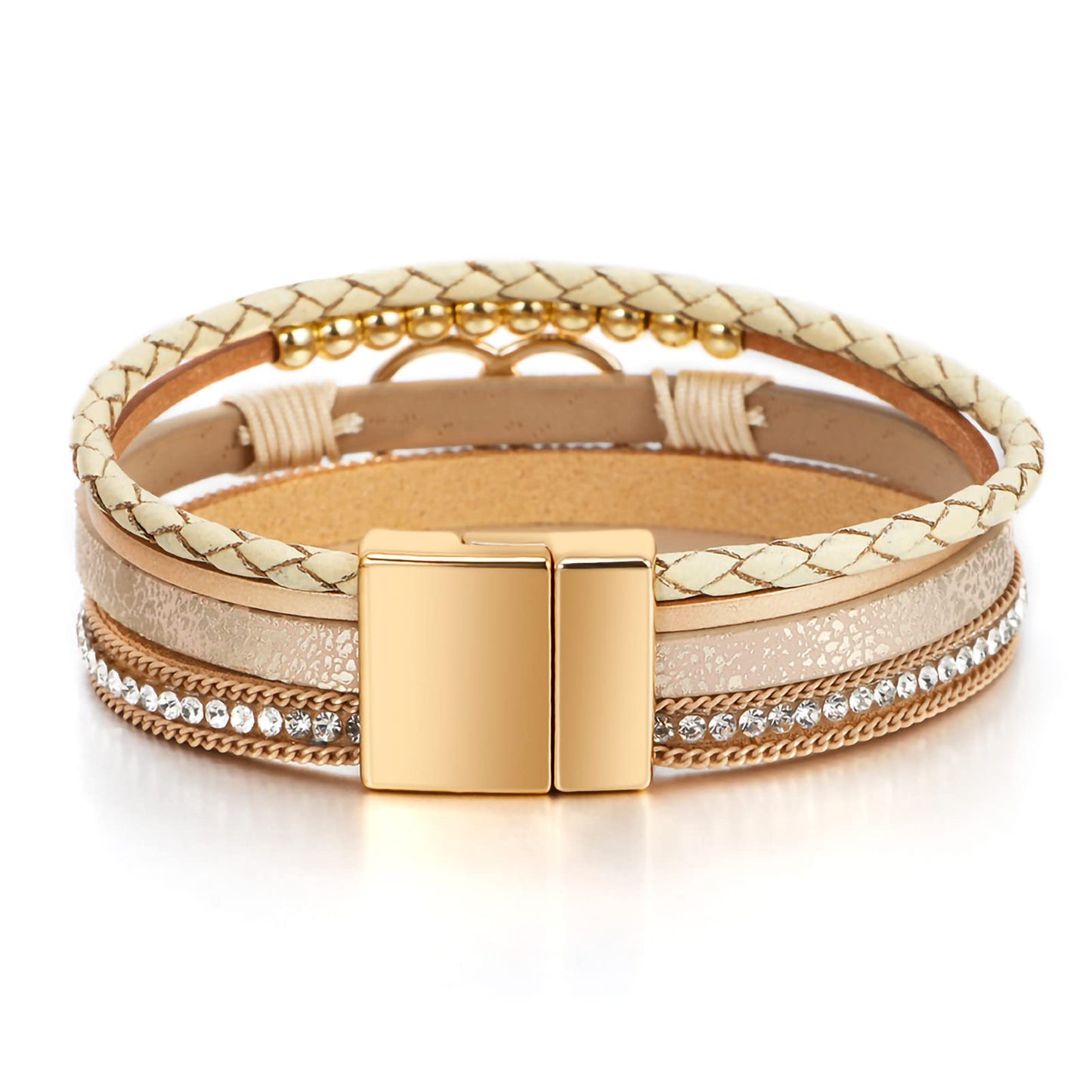 Leopard Bracelet for Women, Boho Leather Wrap Multi-Layer Pearl Crystal Bracelet Bangle Jewelry (Double Circle(Khaki))
