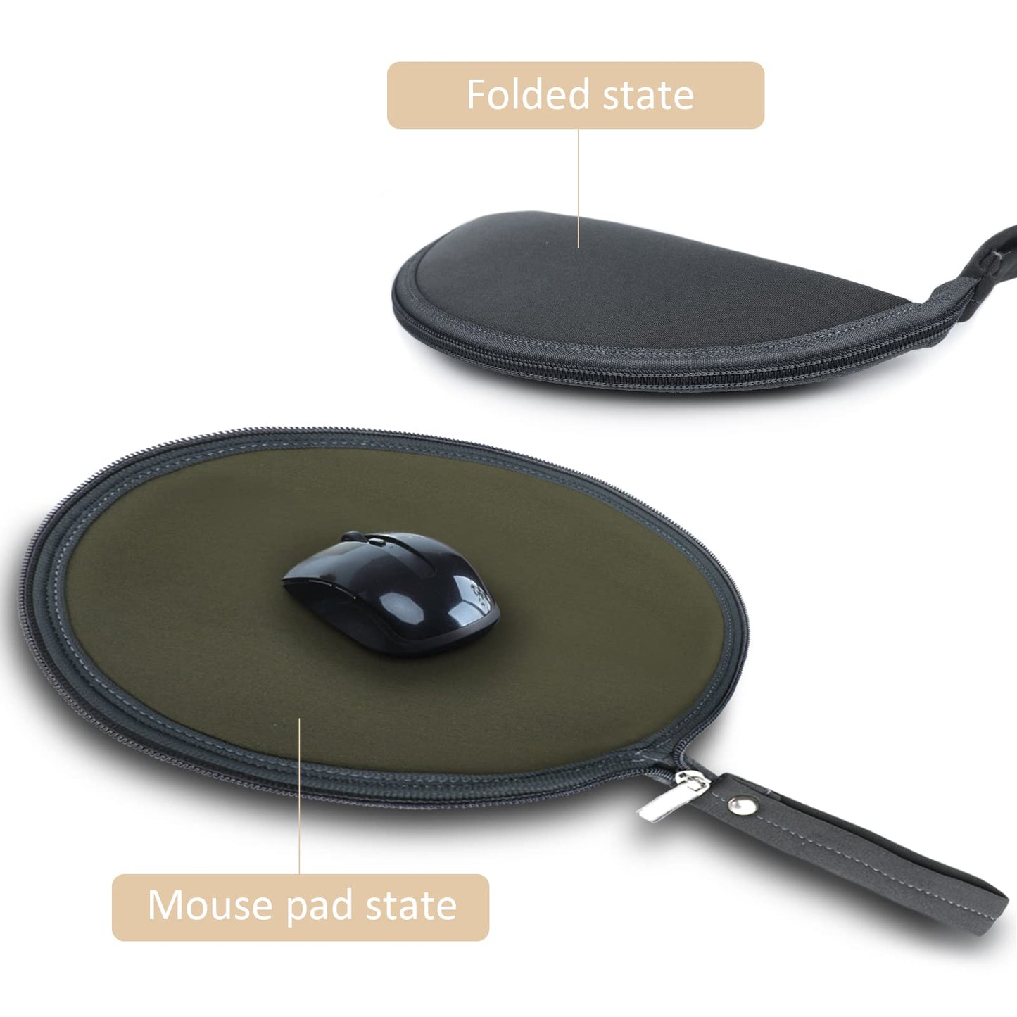 OLizee 2 in 1 Convertible Round Travel Mouse Pad Mat and Case with Zipper Pouch for Outdoor Business Trip