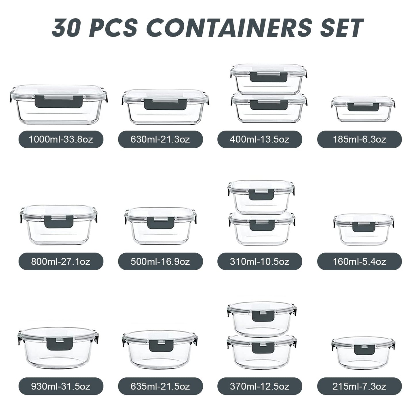 VERONES 30 Pieces Glass Meal Prep Containers Set, Stackable Glass Food Storage Containers with Lids-Airtight Lunch Containers，for Microwave, Oven, Freezer & Dishwasher,Grey