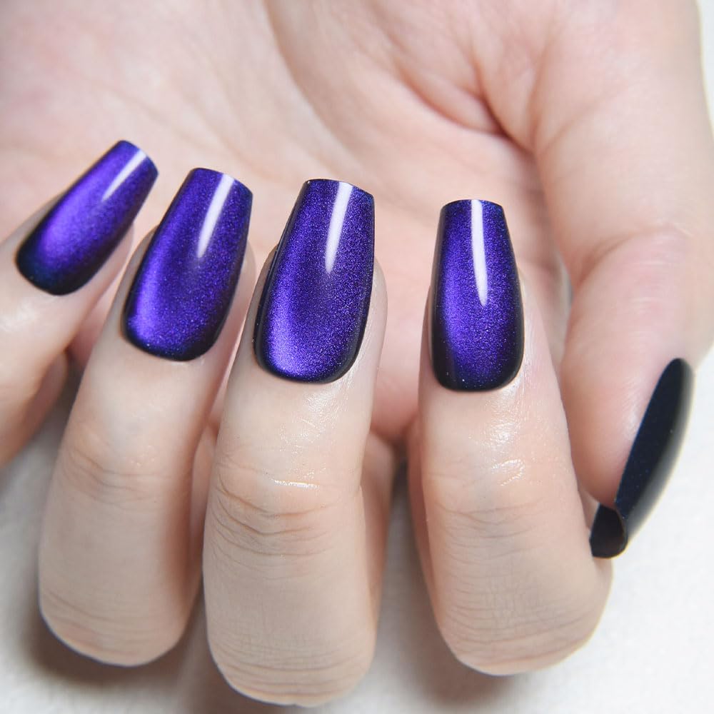 evpct Royal Blue Cat Eye Coffin Press on Nails Medium Square No Glue, Medium Square Stick on Nail for Women, Royal Blue Metallic Glitter Glossy Reusable Soft Press on Acrylic Fake Nails with Designs