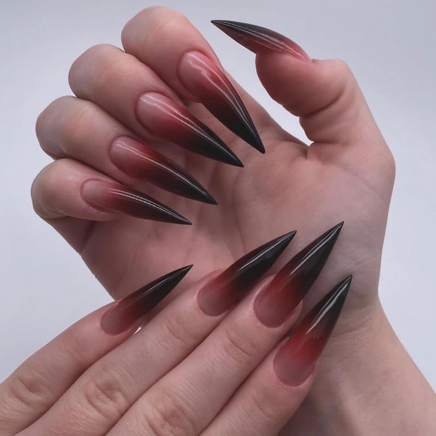 MISUD Press on Nails - Long Stiletto Fake Nails with Goth Red Black, Acrylic Gothic Ombre Design 24 pcs