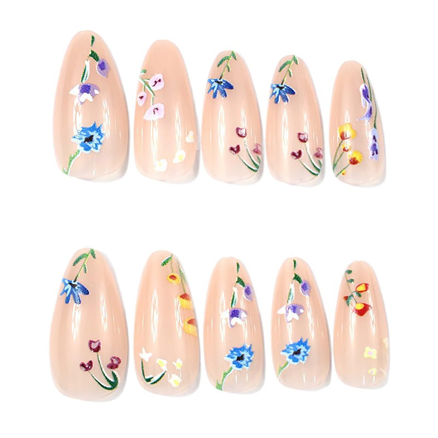 Medium Almond Press on Nails Fake Nails Flower False Nails with Floral Designs Nude Pink Glossy Glue on Nail Full Cover Spring Summer Acrylic Nails for Women Girls 24Pcs