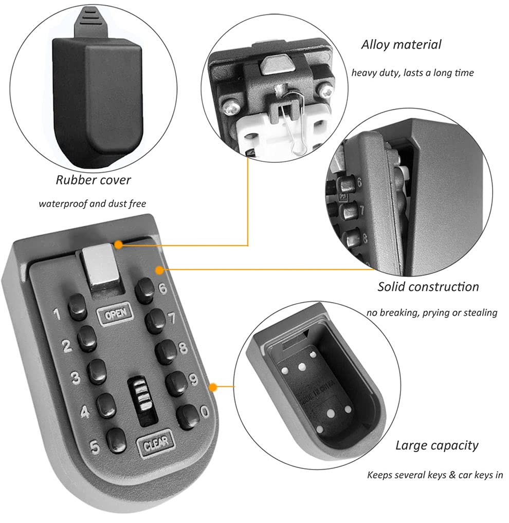Votmores Key Lock Box for House Key, Lock Box with Combination Lock Wall Mount, 10 Digits Password Security Lock Boxes, Key Box with Code Push Button for Outside & Inside Hide A Key Outdoor