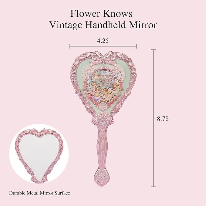 Flower Knows [Gift] Hand Mirror,Buy 5 Cosmetics,Get 1 Midsummer Fairytales Green Hand Mirror,Vintage Heart Handheld Mirror,Fancy Princess Mirror with Long Handle,Gift for Girls & Women(Tea Menthe)