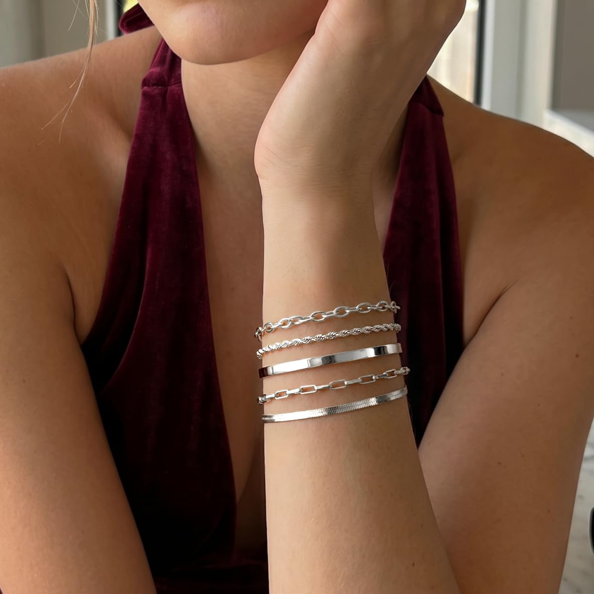 WomenGifts Silver Bracelet Stack for Women, Stackable Bracelets Sterling Silver Set on Bangle Cuff, Box Link, Figaro, Herringbone, Sparkling Chain, Waterproof Tarnish Resistant Jewelry Gift for Women