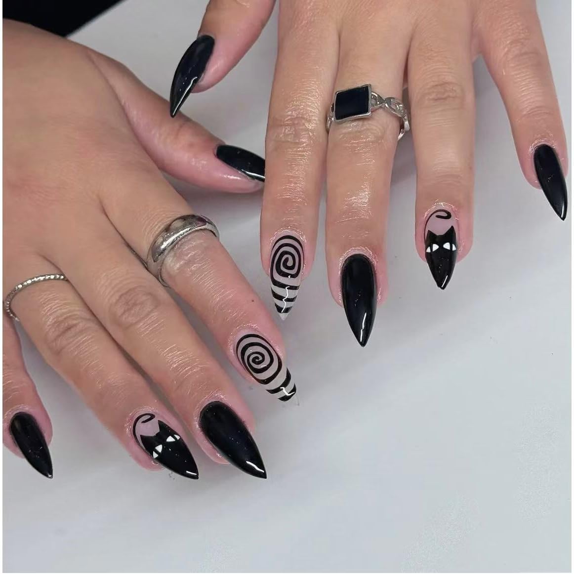 Halloween Press on Nails Almond Halloween Fake Nail Medium False Nails Black Glue on Nail with Handmade Press on Nails Kit Matte Full Cover Acrylic Stick on Nails for Women 10pcs (MT-146-L)
