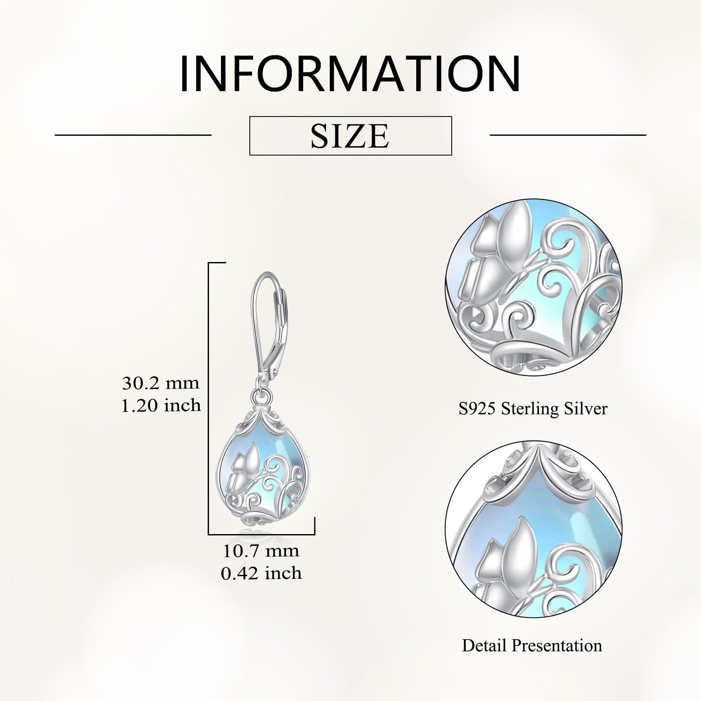 POPLYKE Moonstone Butterfly Teardrop Drop Dangle Earrings Sterling Silver Leverback Earrings Moonstone Jewelry Gifts for Women